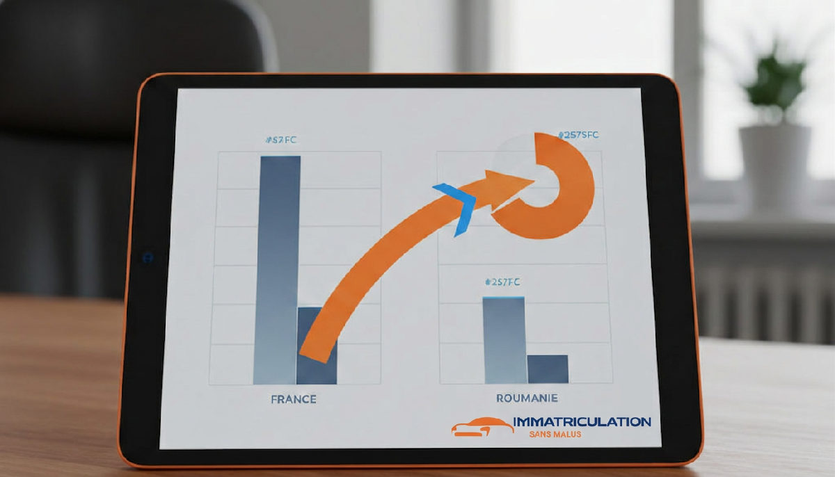 Tableau comparatif des taxes auto France/Roumanie sur une tablette.