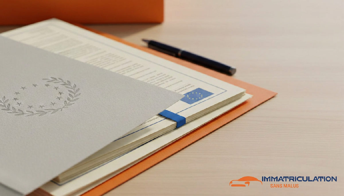 Dossier administratif avec documents d'immatriculation et logo UE.
