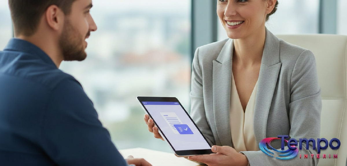 Gestionnaire RH vérifiant la conformité des documents sur tablette.