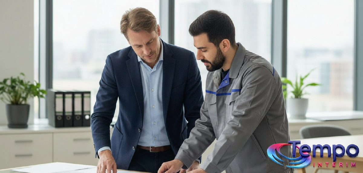 Professionnels français et roumain échangeant sur un plan technique.