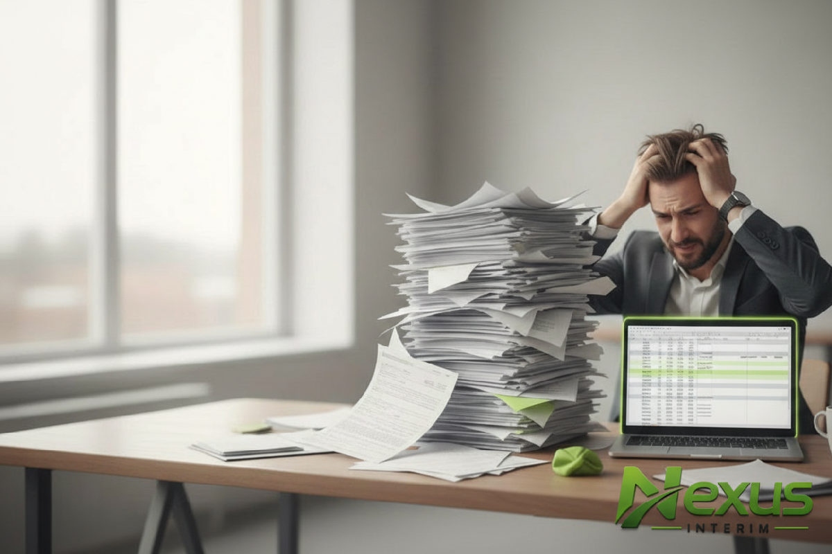 processus recrutement intérim pour entreprises guide complet - Manager stressé noyé sous les CVs.