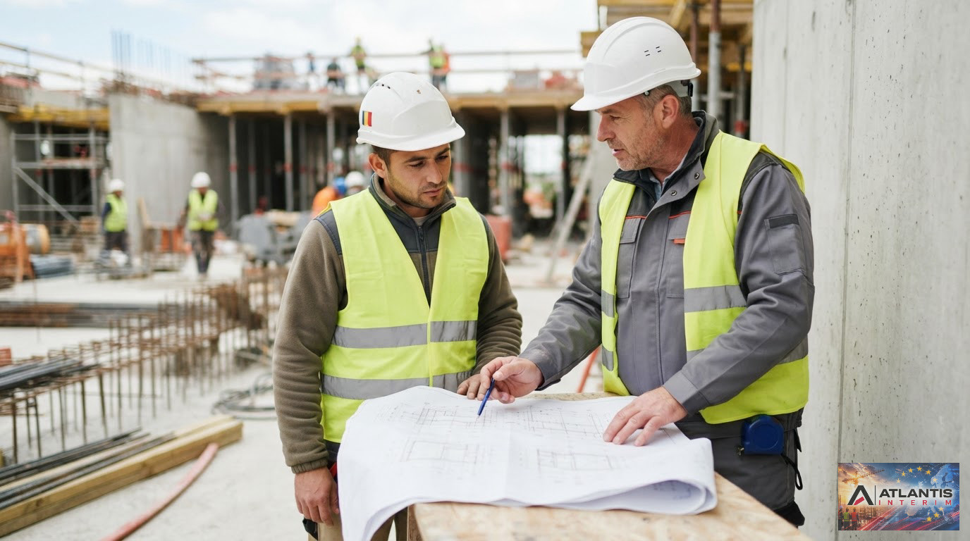 Un chef de chantier expliquant un plan technique à un ouvrier roumain.