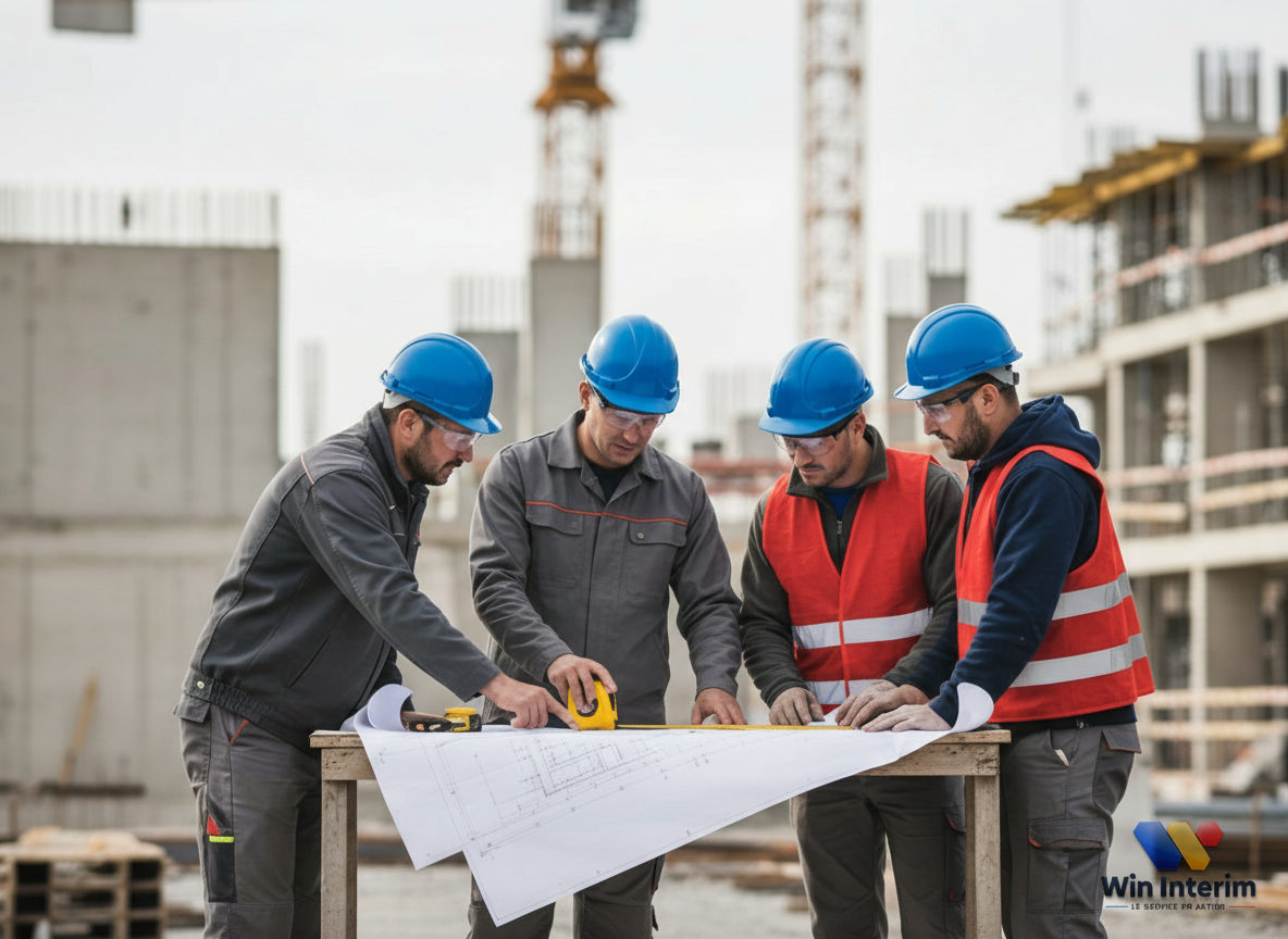 Équipe de travailleurs qualifiés sur un chantier en France.
