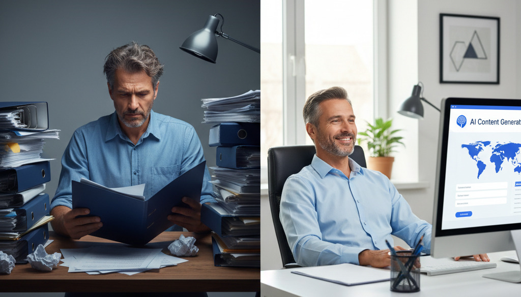 Stressed owner transforms to relaxed using AI for geo-targeted content.