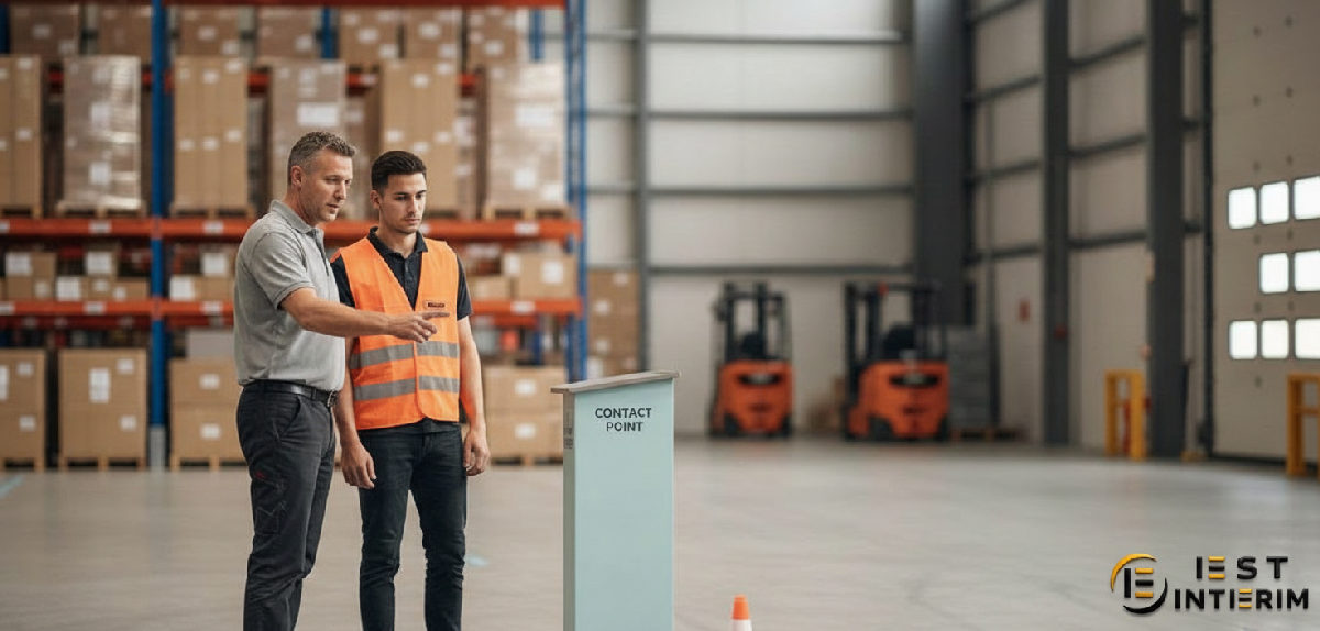 Entrepôt en France : responsable logistique formant un intérimaire aux consignes.