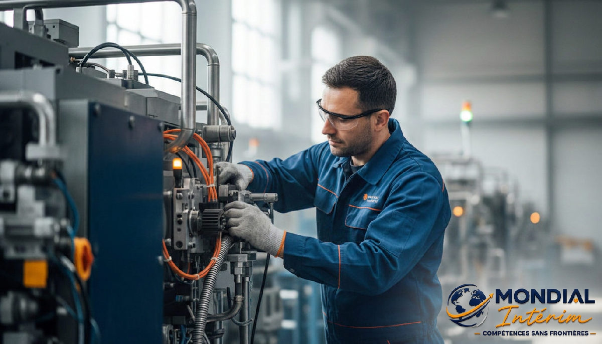 Technicien roumain réparant une machine industrielle avec précision.
