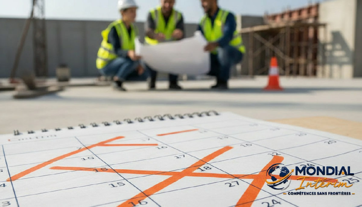 Un calendrier de projet barré, des ouvriers travaillant en arrière-plan.