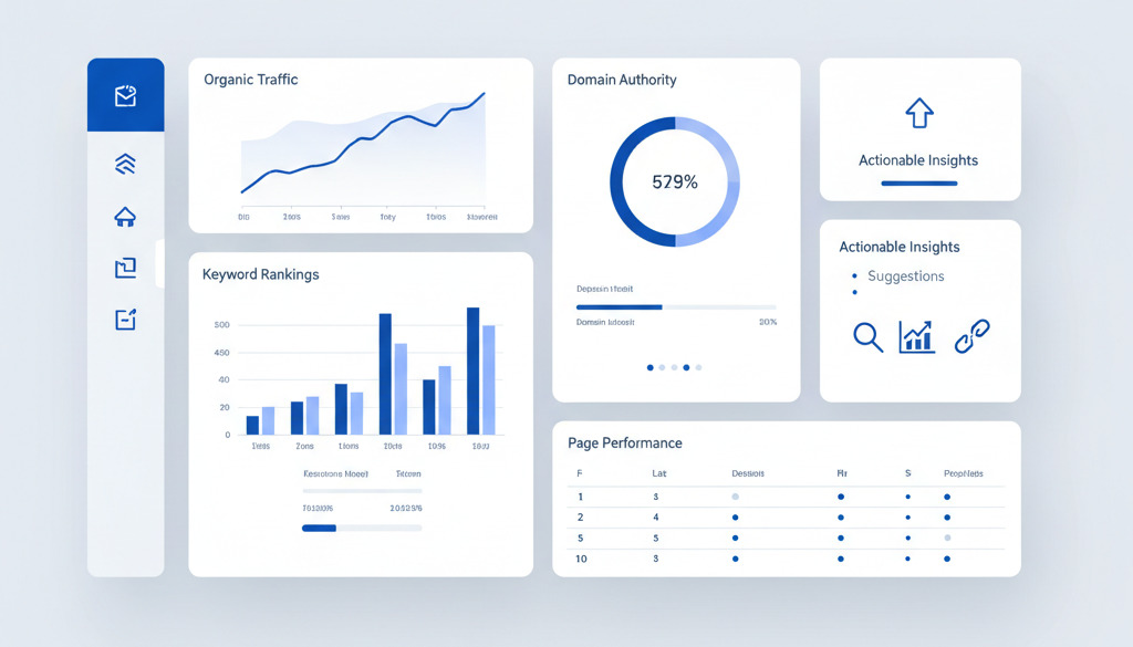 AI SEO dashboard with charts and insights for small businesses.