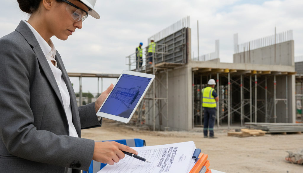 prevention risques sociaux detachement main-oeuvre - Inspecteur du travail examinant des documents sur un chantier.