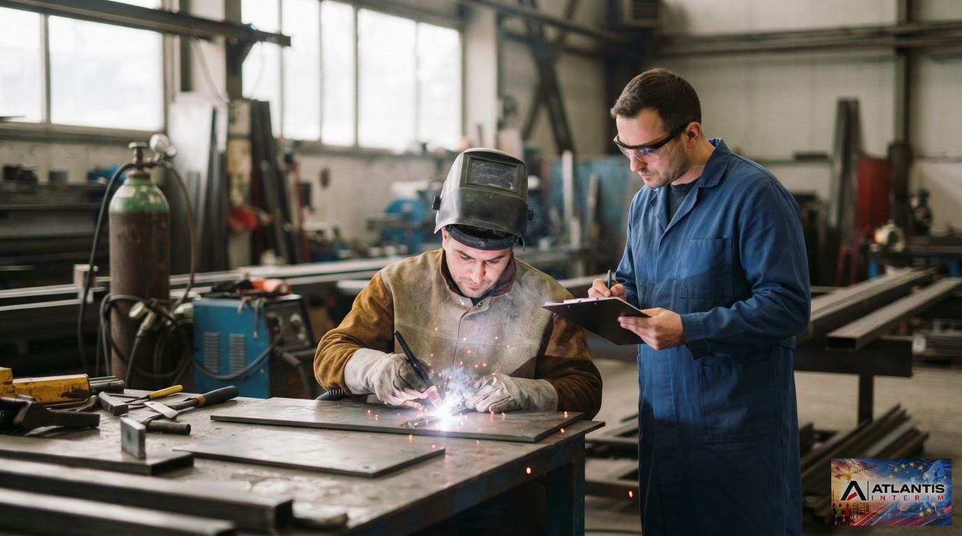 Un ouvrier qualifié effectuant un test de soudure supervisé par un évaluateur.