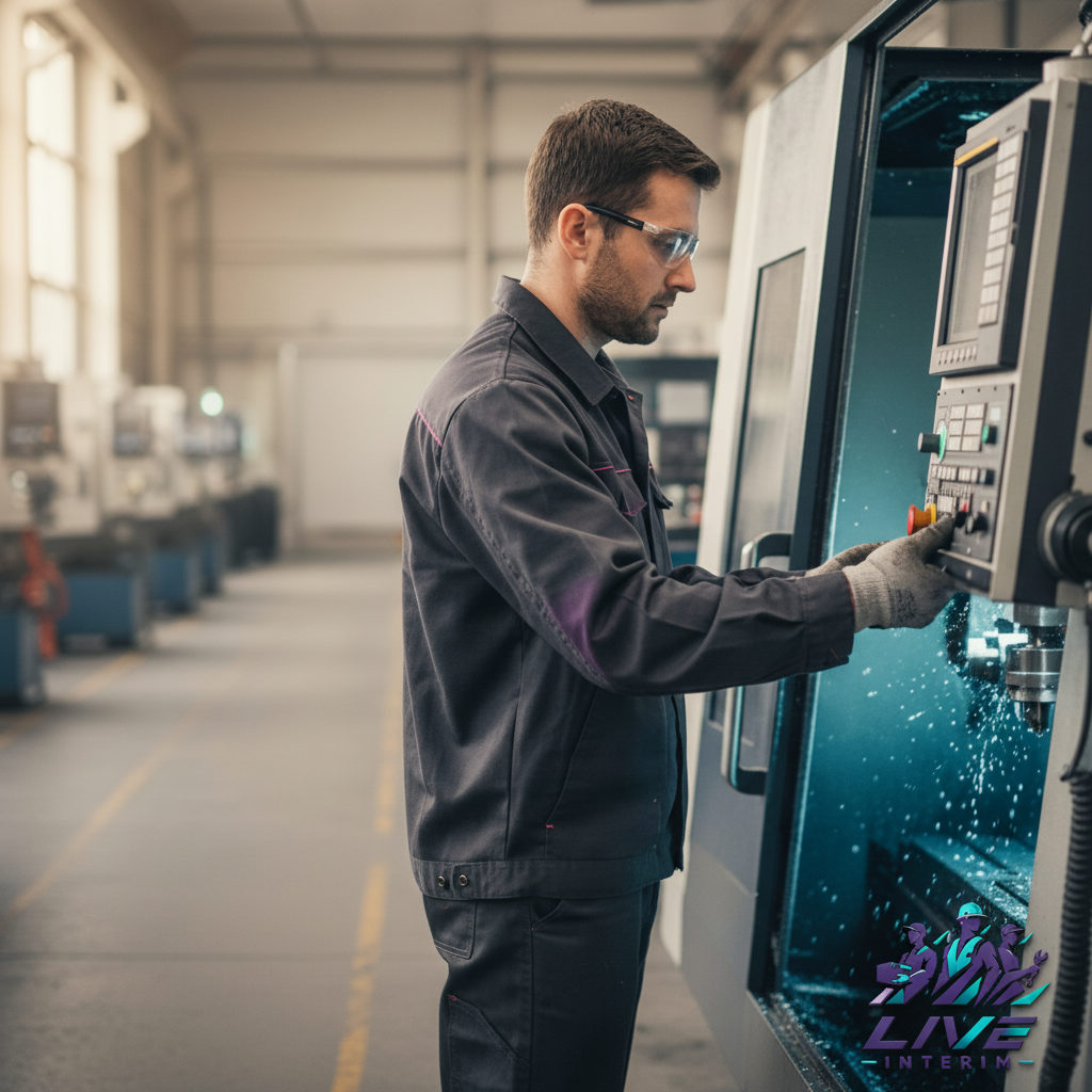 Technicien roumain utilisant une machine CNC dans une usine française.