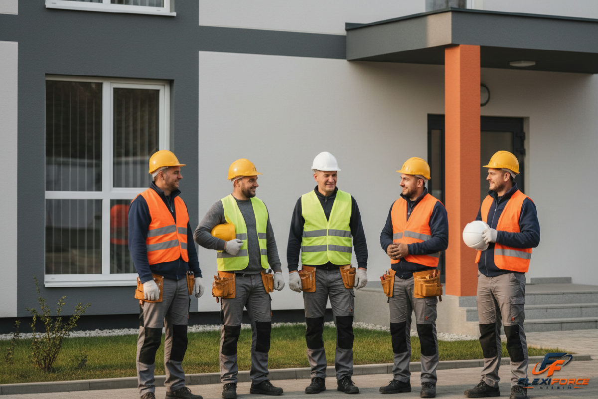Ouvriers roumains devant un logement de qualité, logistique optimisée.