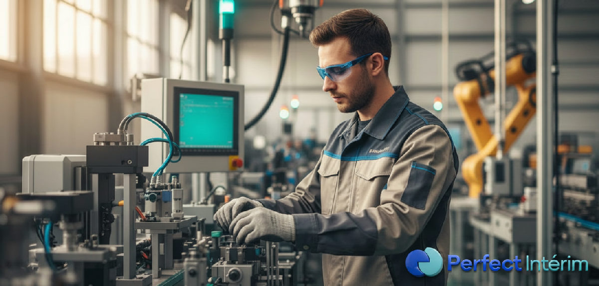 Technicien roumain qualifié travaillant sur une ligne de production industrielle en France.