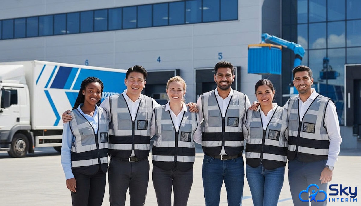 Travailleurs internationaux souriants devant un entrepôt logistique.