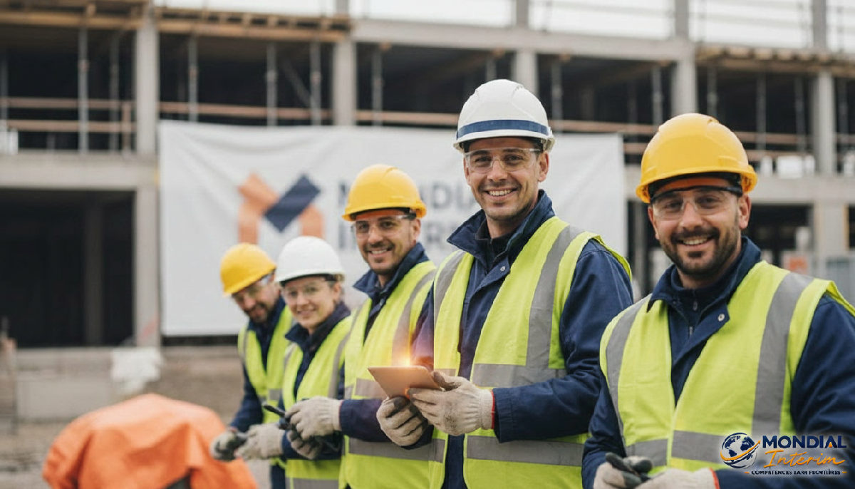 Ouvriers roumains qualifiés sur un chantier français, souriants et efficaces.