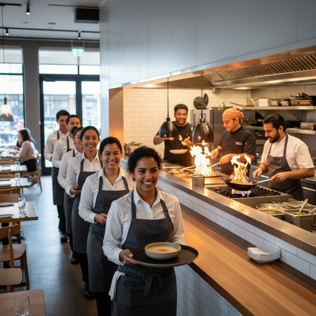 Une équipe de serveurs et cuisiniers travaillant de concert dans un environnement dynamique, illustrant la réussite de l'intégration de personnel international.