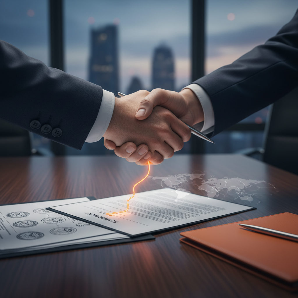 Un gros plan sur une poignée de main professionnelle ou une signature de contrat, symbolisant la confiance et la conformité légale dans l'intérim international.