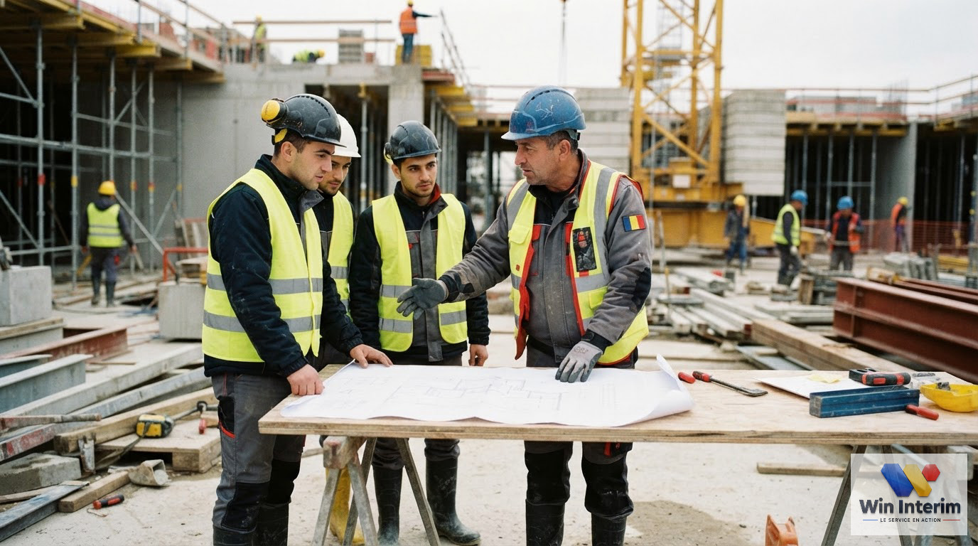 Ouvriers roumains qualifiés travaillant en sécurité sur un chantier en France.