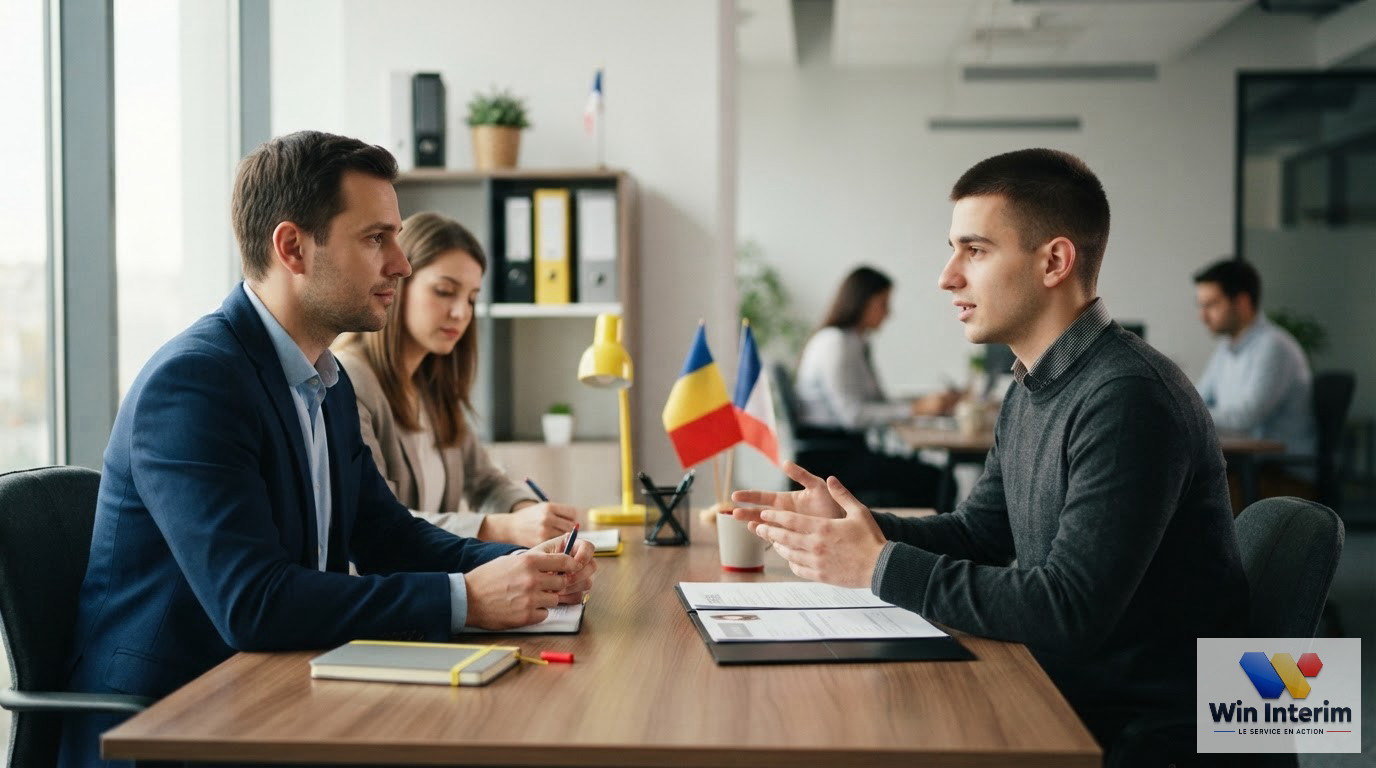 Un recruteur interviewant un ingénieur dans un bureau moderne à Bucarest.