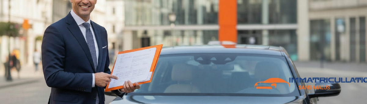 Homme d'affaires avec plaques roumaines et documents d'immatriculation.