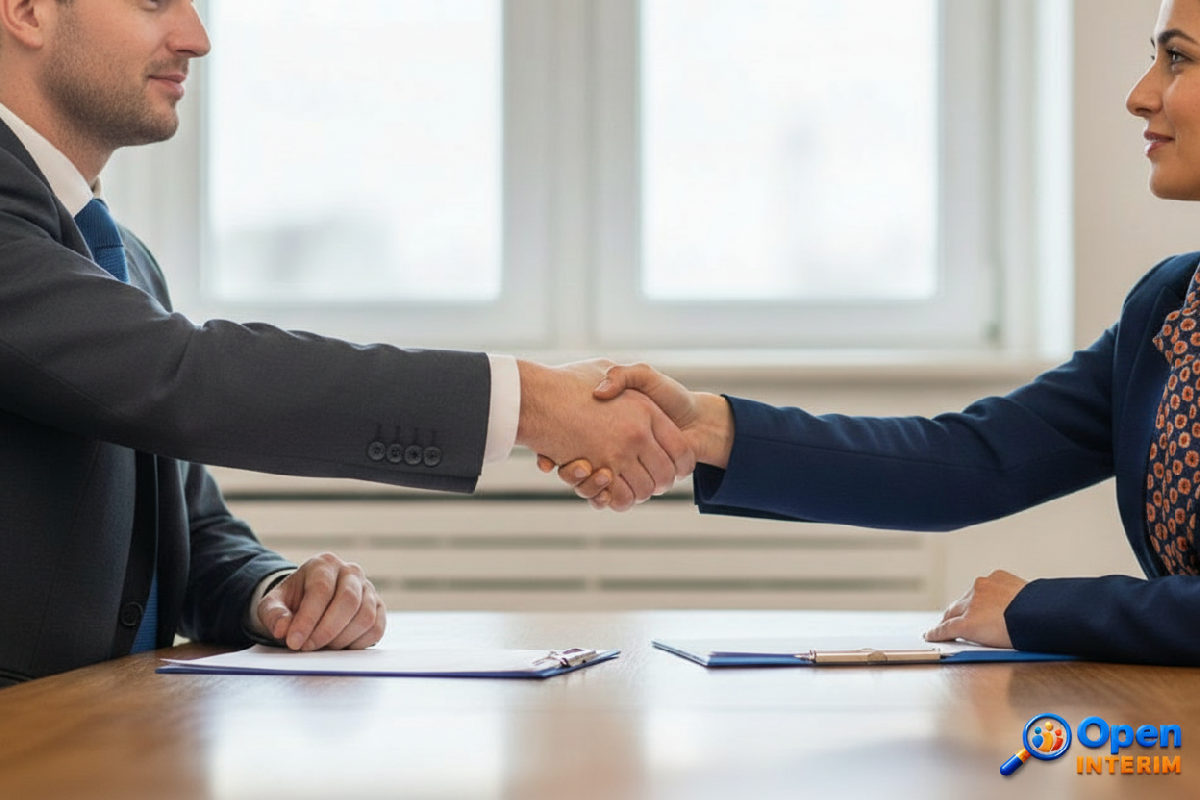 Poignée de main entre un manager RH et un représentant Open Interim.