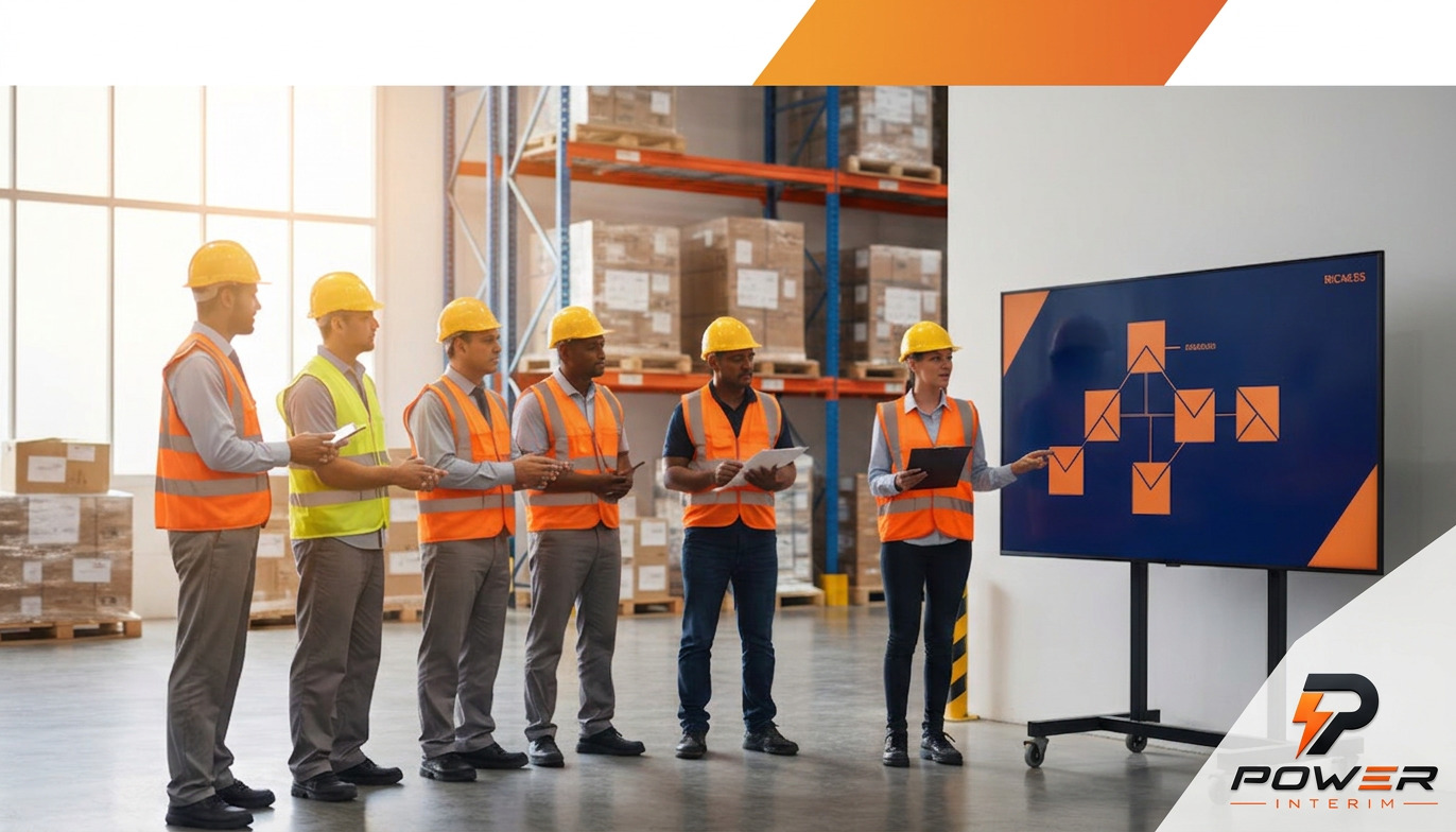 Équipe logistique en briefing de sécurité avant le début du travail.