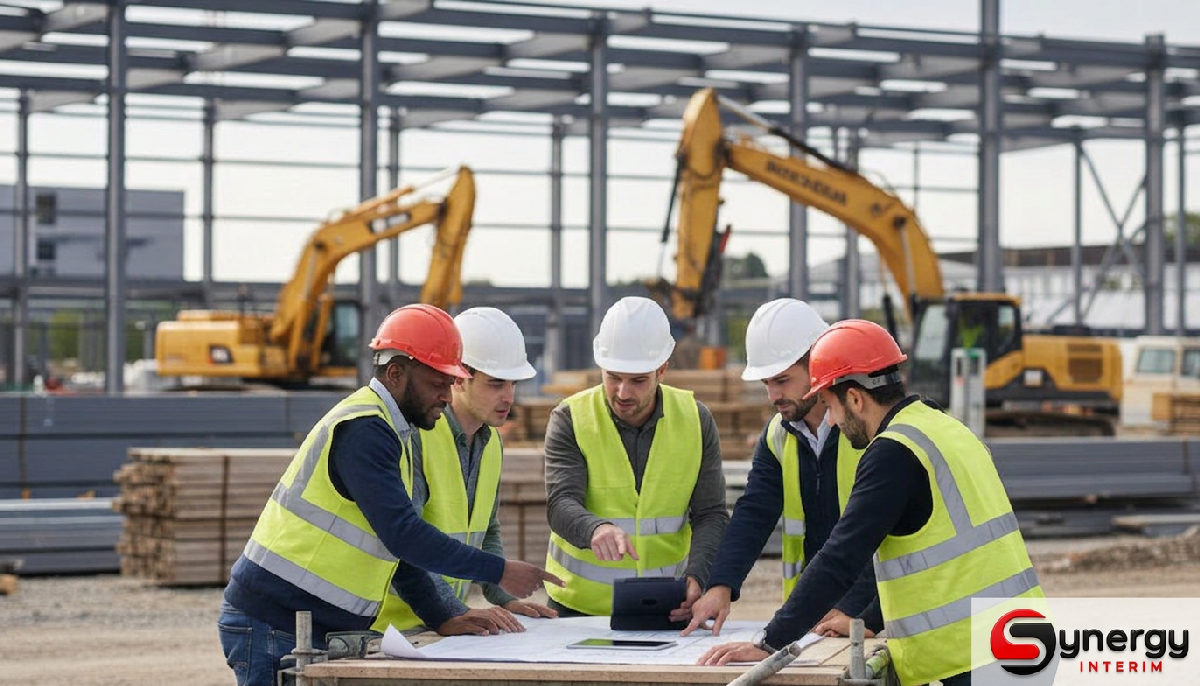 Synergy Intérim : Optimisation RH stratégique 1 synergy interim optimisation rh - Chantier de construction en France, travailleurs collaborant pour la synergie.