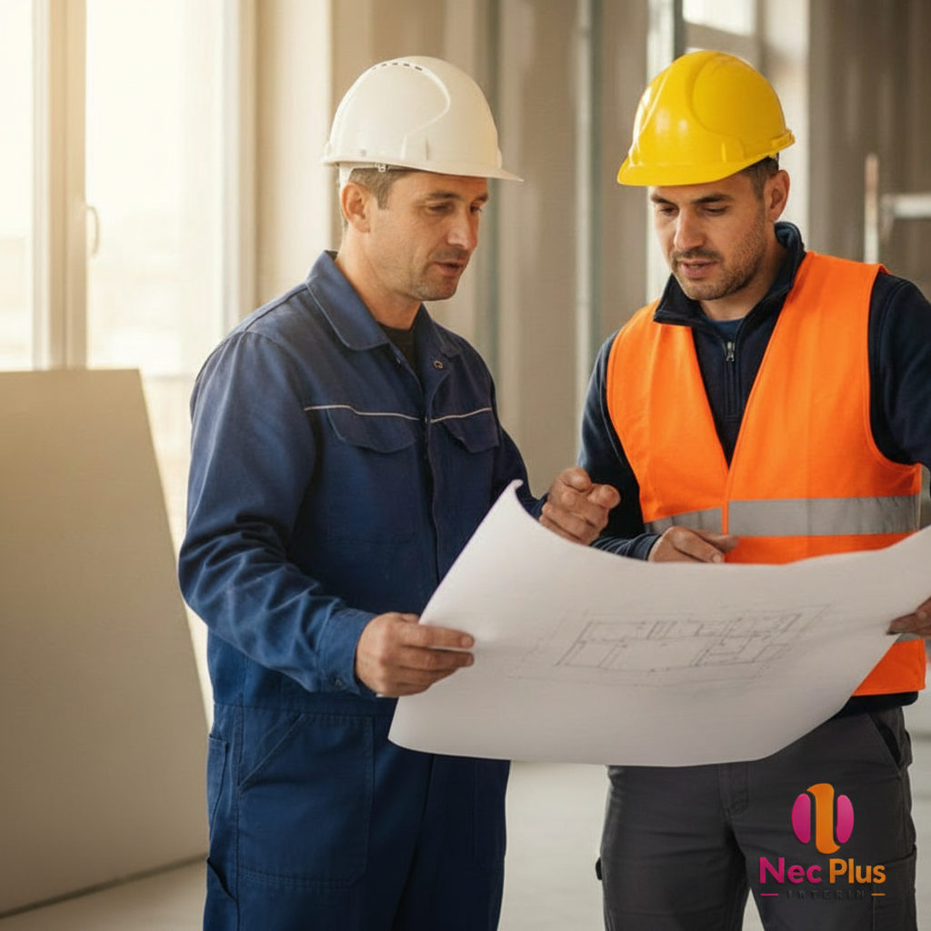 Chef de chantier et chef d'équipe discutant des plans.