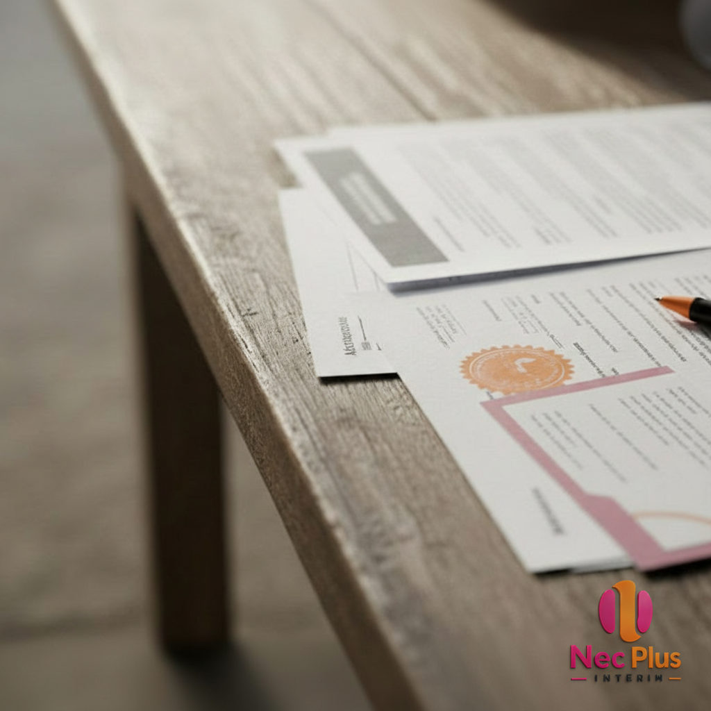 Dossier de chantier avec documents officiels pour recrutement international.