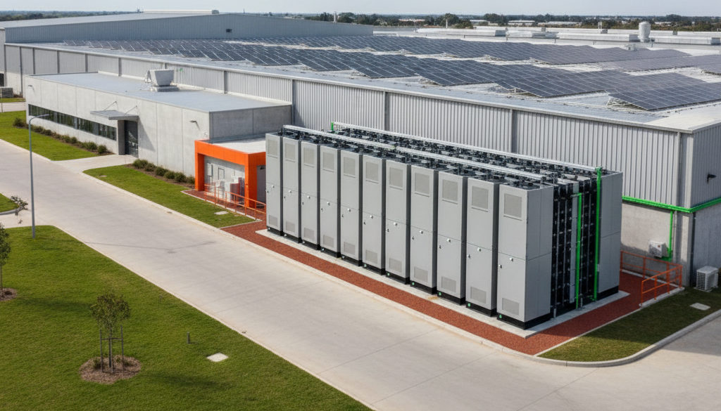 řízení tarifů VN VVN fotovoltaika – Moderní továrna se solárními panely a bateriovým úložištěm.