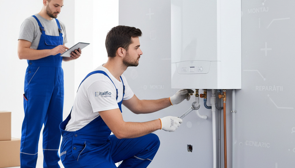 service ,montaj,reparatii centrala termica - Tehnician profesionist montând o centrală termică modernă pe perete.