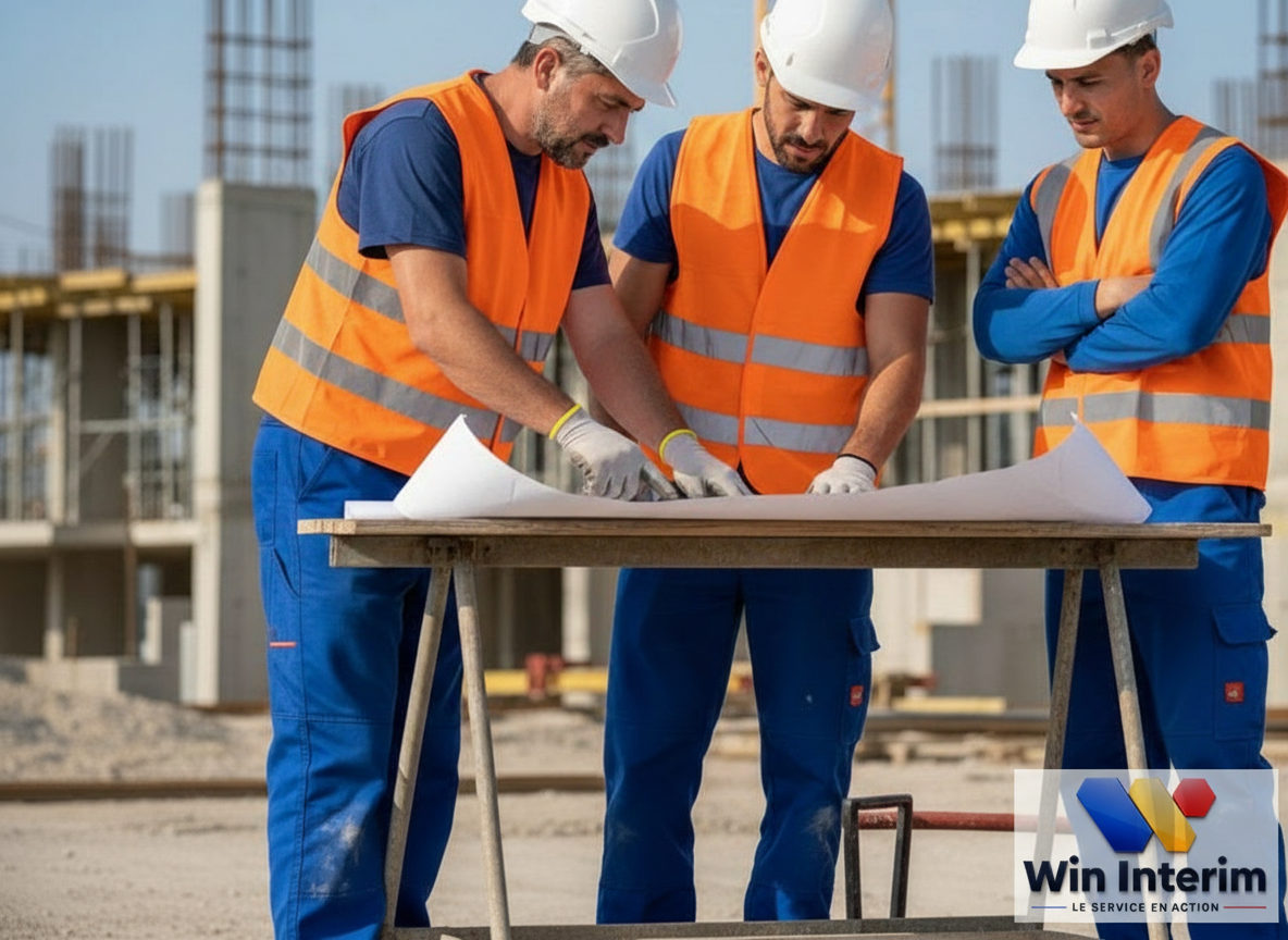 Travailleurs roumains sur un chantier en France, examinant un plan.