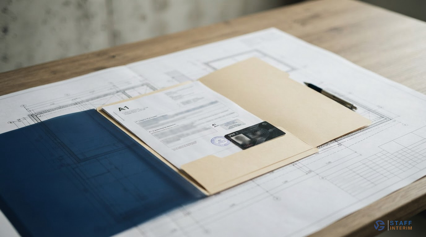 Un dossier d'attestation de détachement et une carte BTP sur un plan.