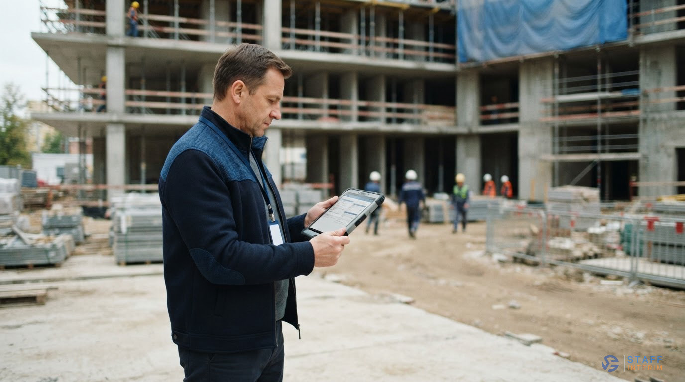 Un inspecteur du travail vérifiant des documents numériques devant un chantier.