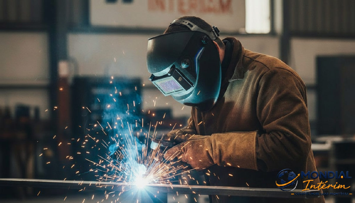 vérifier compétence soudure intérimaire roumain - Soudeur professionnel au travail, étincelles vives, masque de protection.