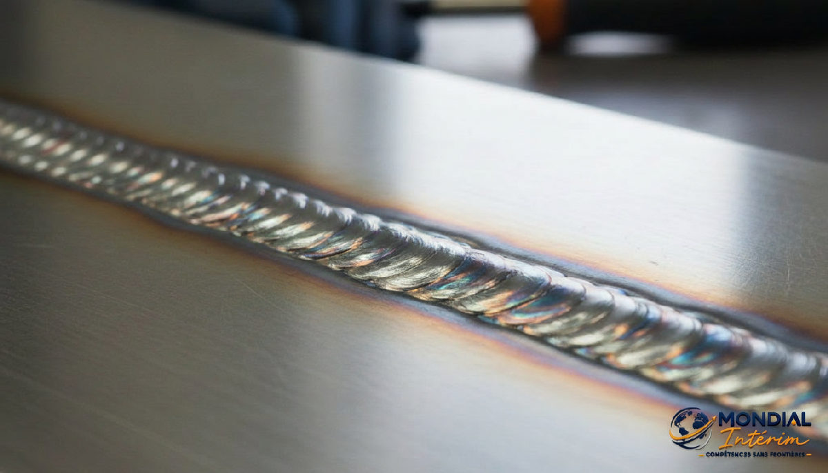 Gros plan sur un cordon de soudure impeccable en acier inoxydable.