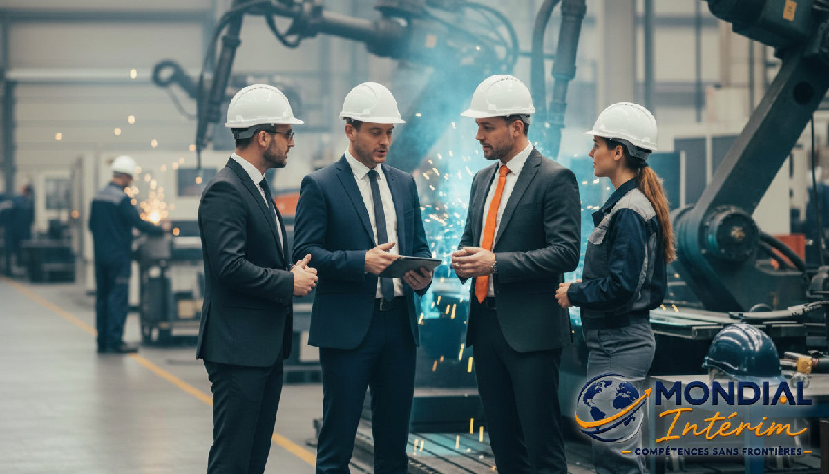 Direction d'usine et consultant discutent devant la chaîne de production.