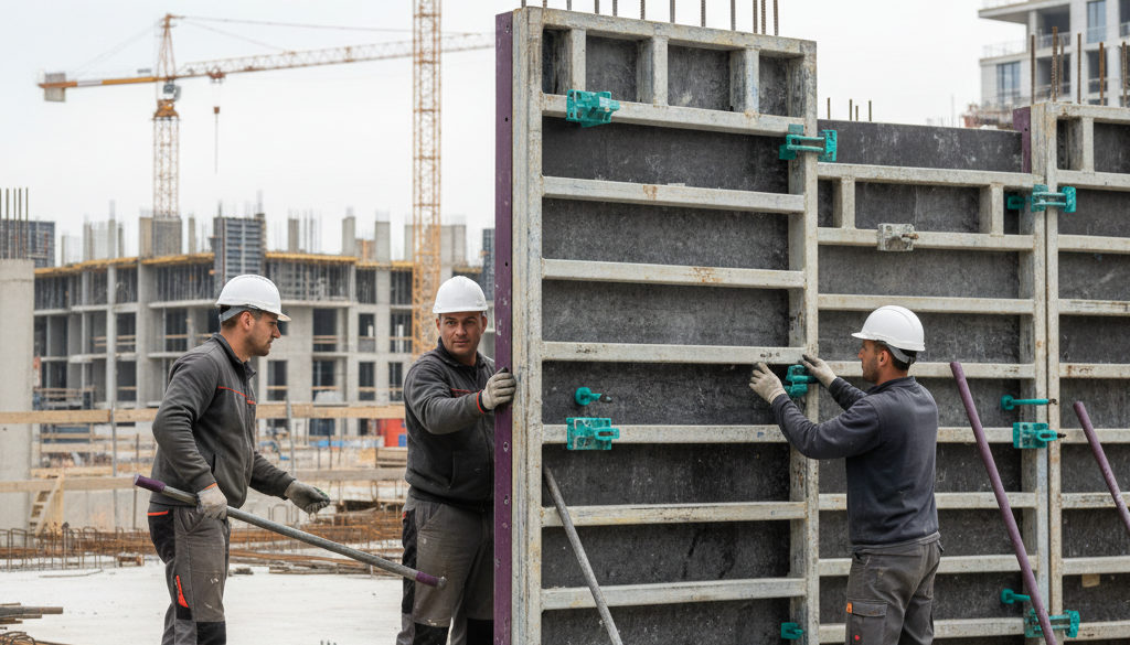 coffreurs bancheurs roumains béton - Coffreurs roumains installant des banches sur un chantier français.