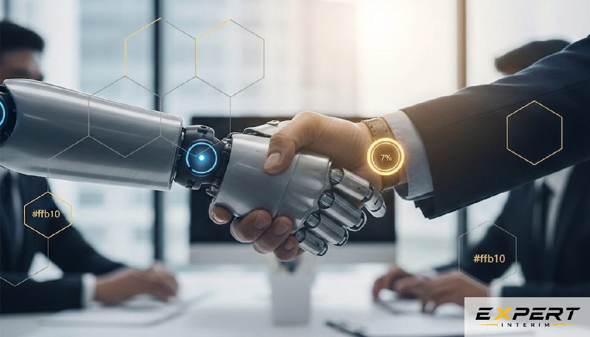 Main humaine et robotique se serrant, symbolisant le développement technologique RH.