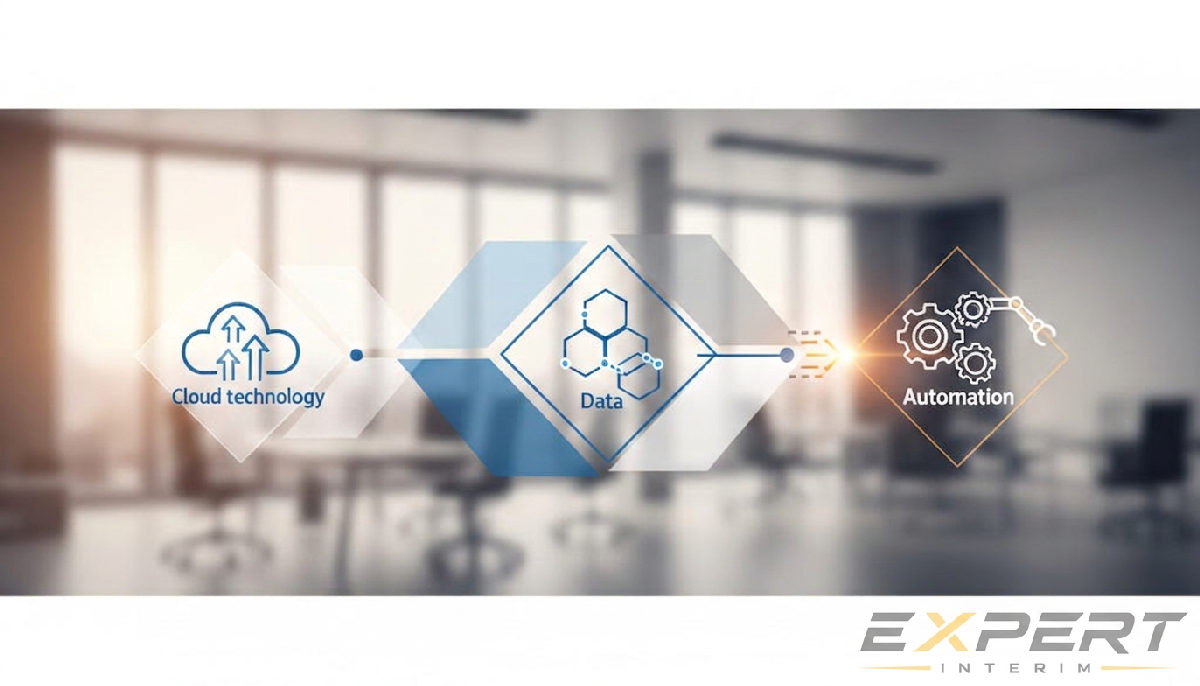 Infographie : digitalisation des processus RH, cloud, données et automatisation.