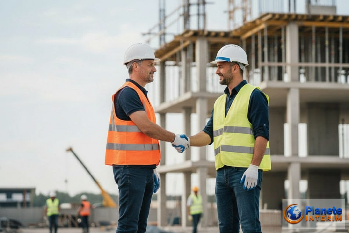 comment fonctionne une agence intérim roumanie - Poignée de main sur un chantier, partenariat France-Roumanie.