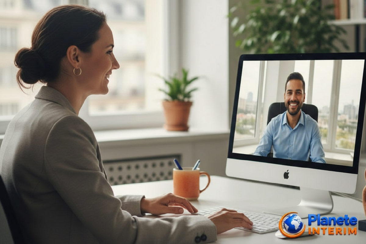 Responsable RH en visioconférence, recrutement international simplifié.