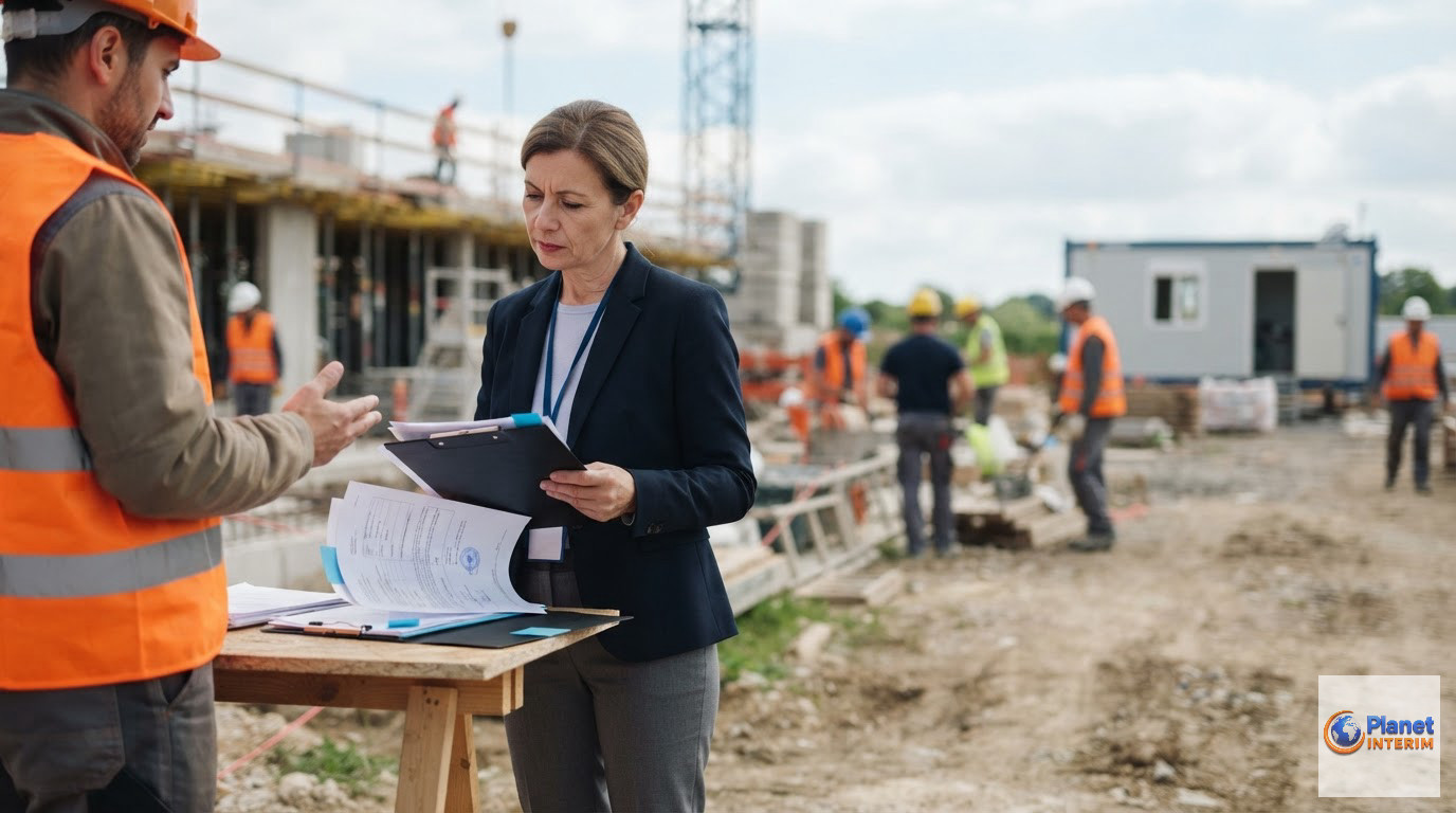 contrôles agence intérim roumanie - Un inspecteur vérifiant la conformité documentaire sur un chantier.