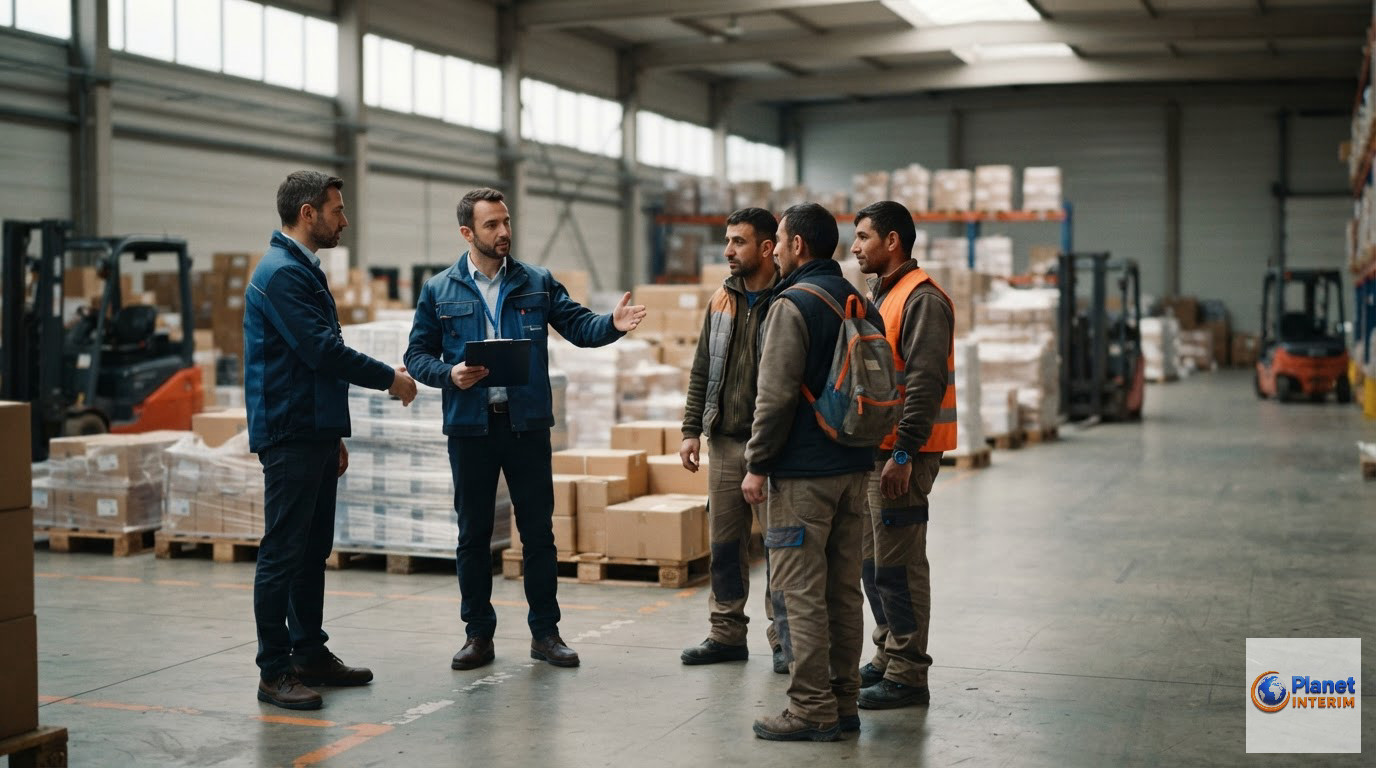 Accueil de travailleurs intérimaires roumains dans un entrepôt logistique.