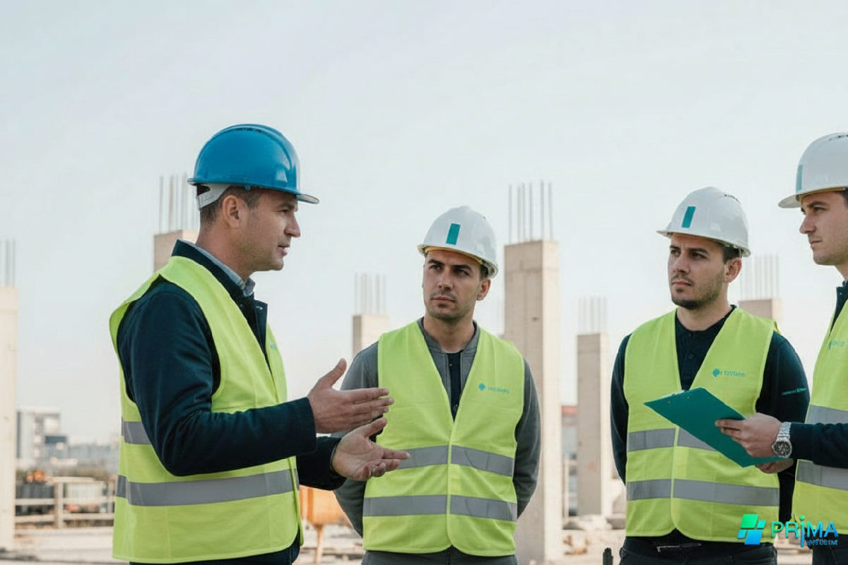 Chef de chantier expliquant la sécurité à des ouvriers.