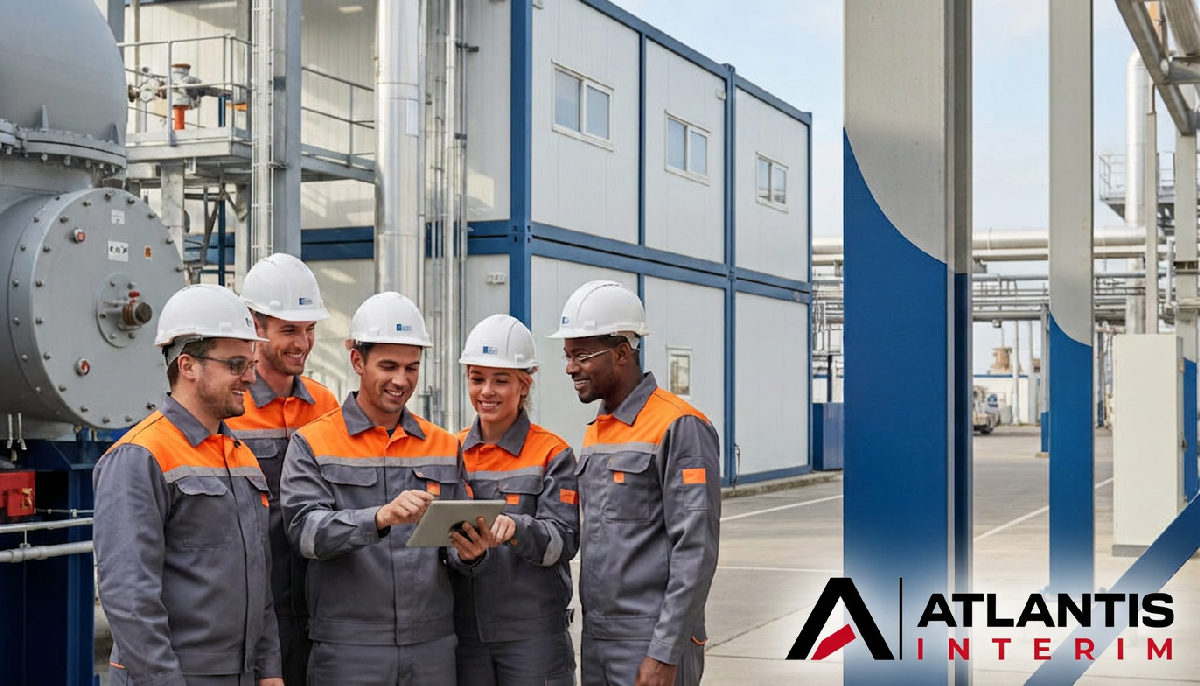 Équipe d'ouvriers qualifiés collaborant sur un site industriel en France.