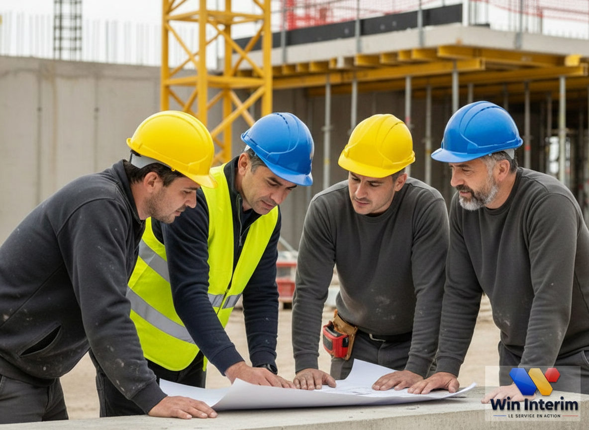 Maçons roumains en réunion de chantier avec un chef de projet français.