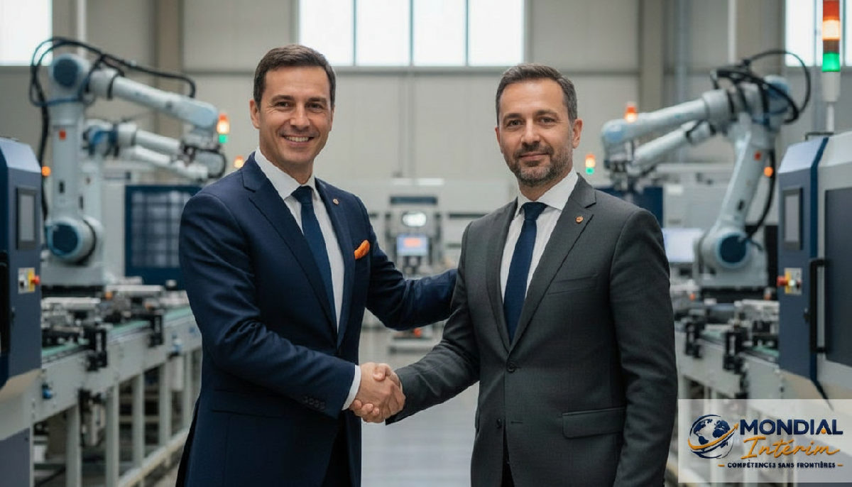 Responsables français et roumain se serrant la main près d'une ligne de production.