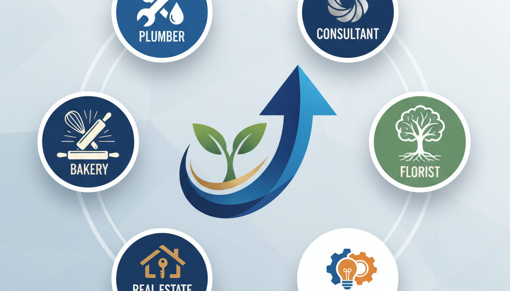 Collage of small business logos with a central growth icon.