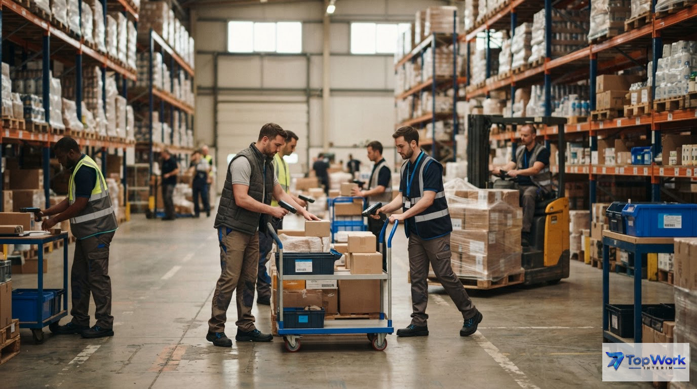 Des préparateurs de commande travaillant dans un entrepôt logistique organisé.